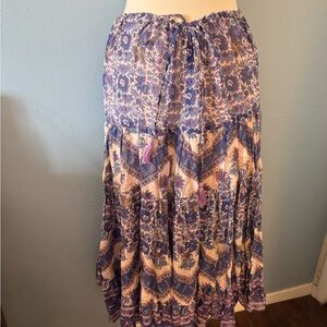Cotton Bohemian Purple and Blue Tiered Midi Skirt with Tie Front